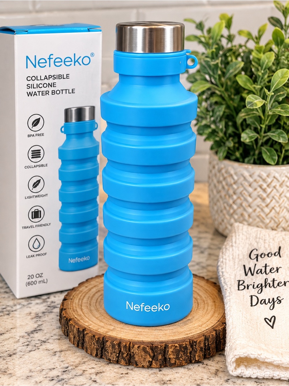 💙 Nefeeko Collapsible Silicone Water Bottle – Blue – 20 oz / 600 mL
